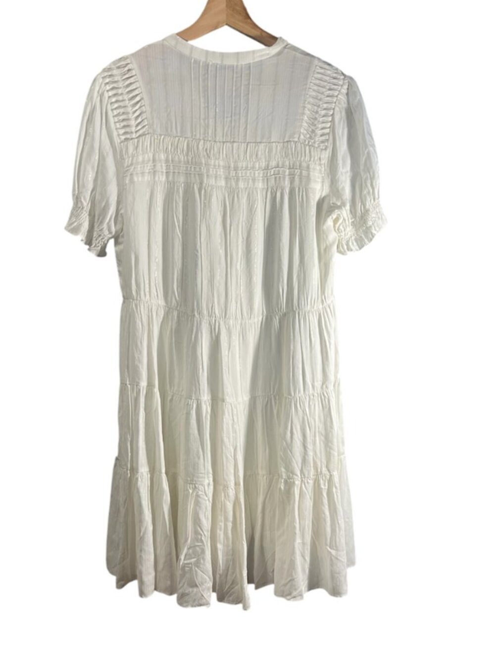 NWT Current Air Ivory & Gold Stripe Pintuck Tiered Midi Dress Size Small - Picture 2 of 6